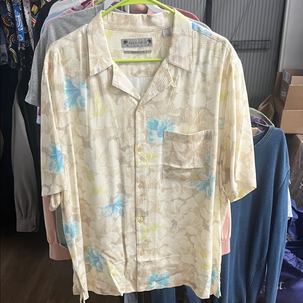 All Saints Nevada Floral Print Camp Shirt Wicker White